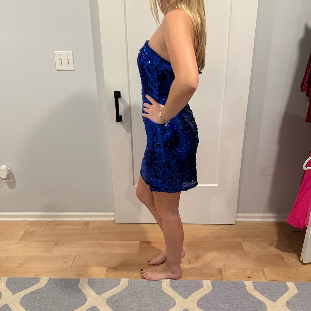 Blue Sequin Strapless Dress